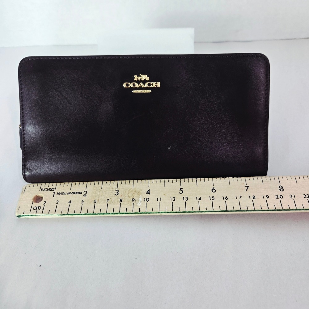 Coach Slim Bifold Wallet Large Burgundy Leather Gold Logo Zip Around #991 - Picture 5 of 8